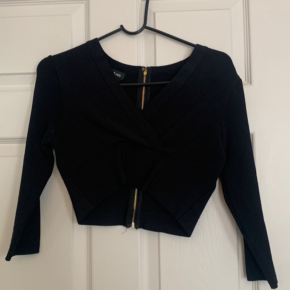 Crop top. Black Long sleeve, V neck, gold zipper on back.